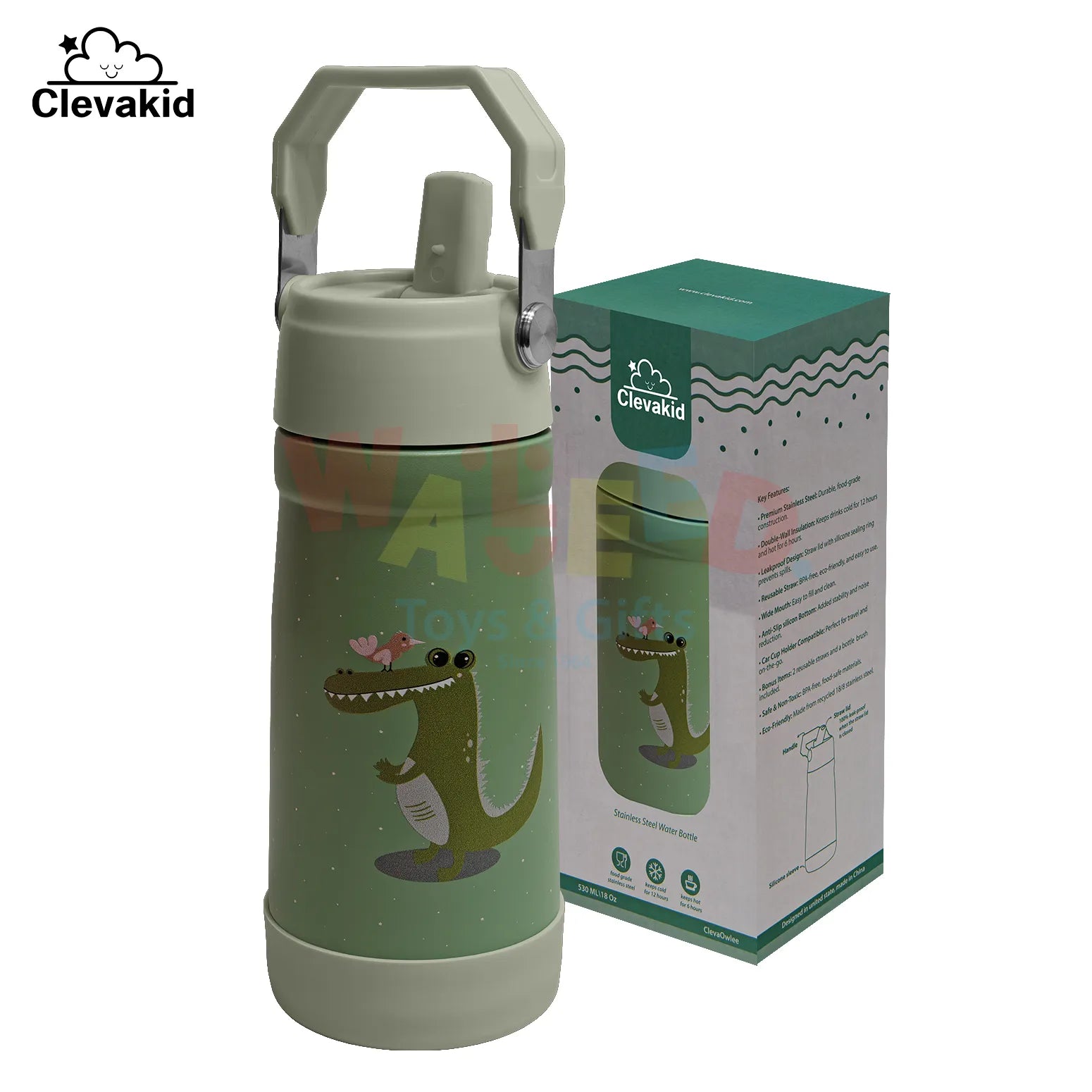 Clevakid Stainless Steel Water Bottle Green Leaves- 530ML\18 OZ - ClevaGator Friend
