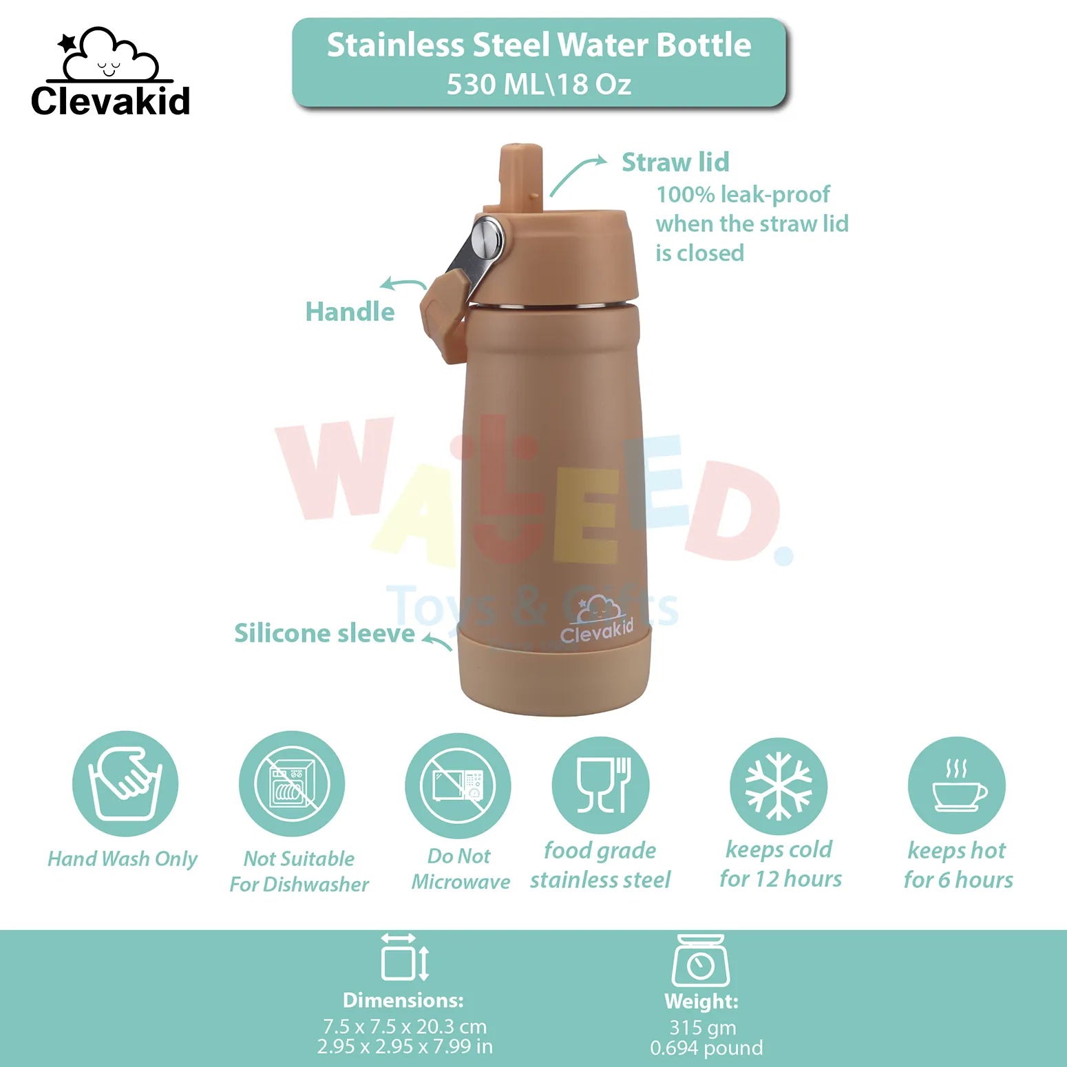 Clevakid Stainless Steel Water Bottle Orange Light Peach- 530ML\18 OZ