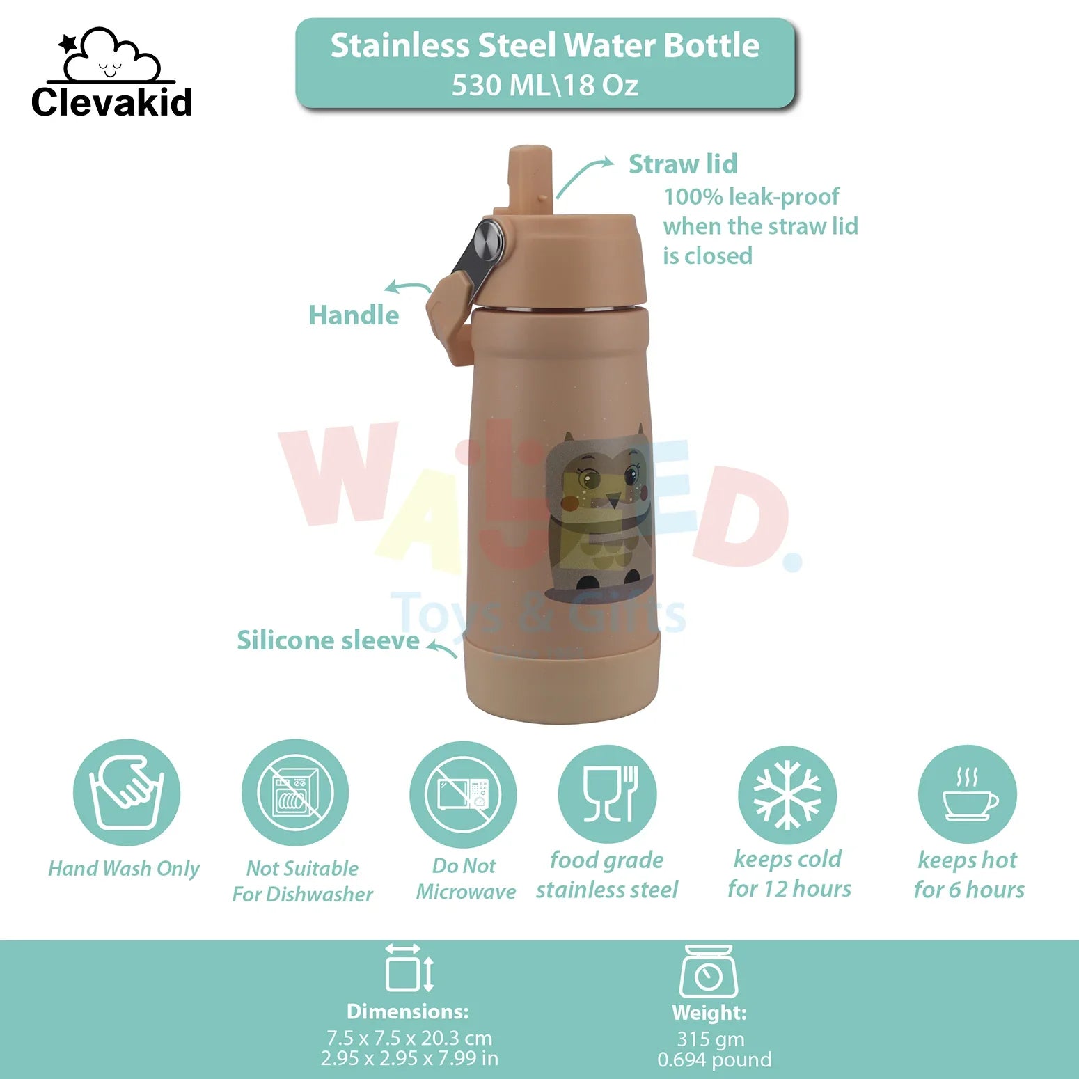 Clevakid Stainless Steel Water Bottle Orange Light Peach- 530ML\18 OZ - ClevaOwlee Friend