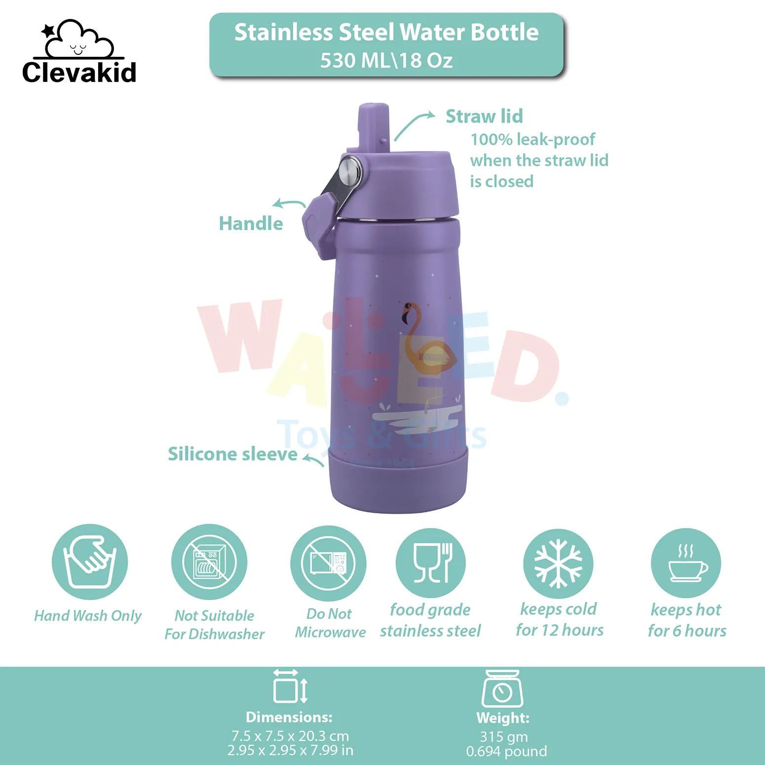 Clevakid Stainless Steel Water Bottle Purple Light- 530ML\18 OZ - ClevaMingoo Friend