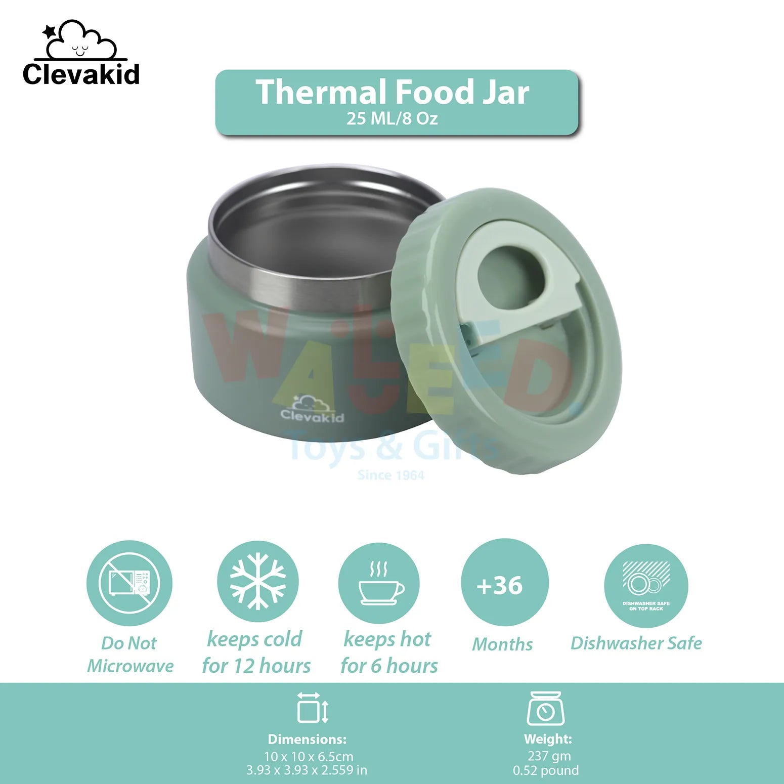 Clevakid Thermal Food Jar Green  Olive 250ML \8 OZ