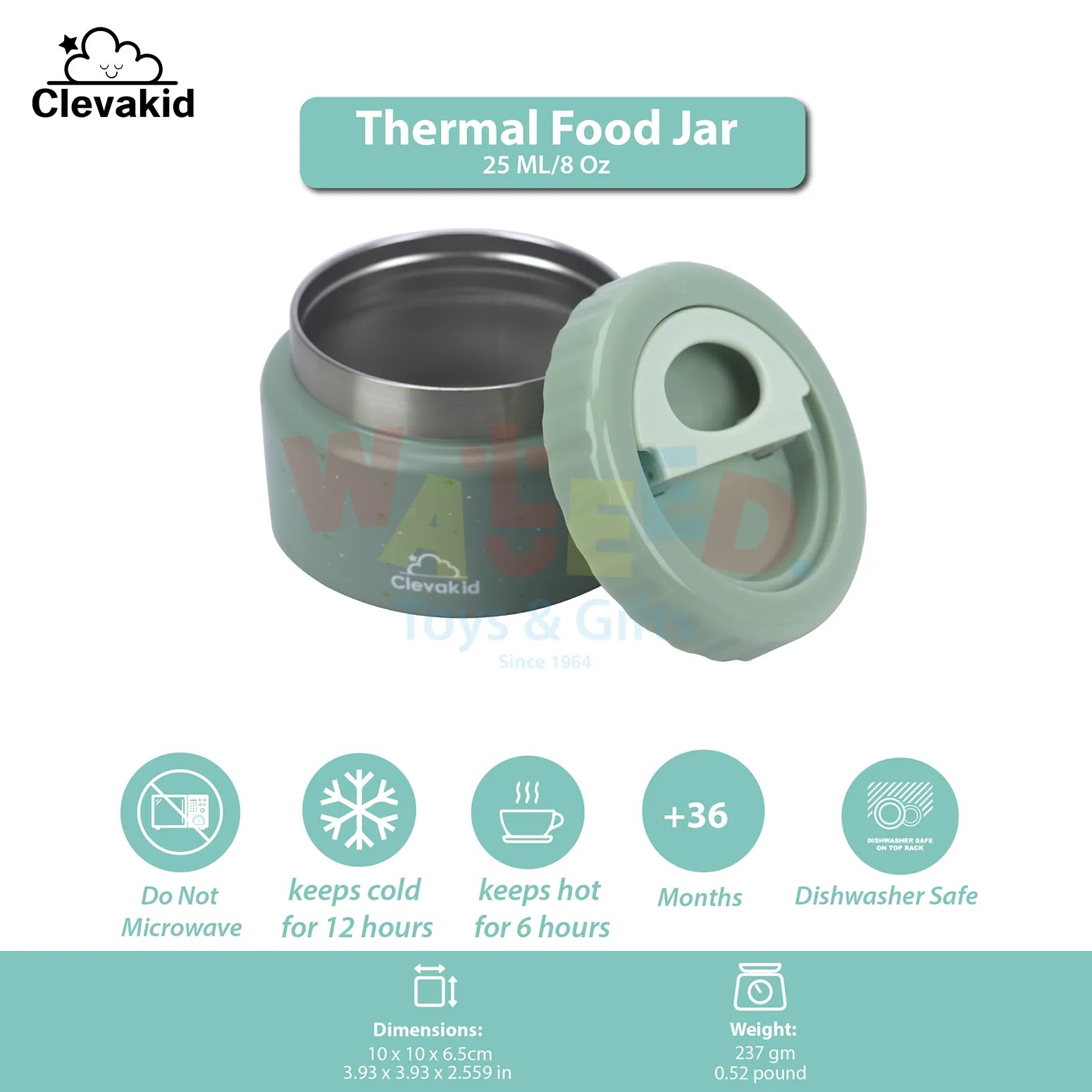 Clevakid Thermal Food Jar Green  Olive 250ML \8 OZ - stars Design