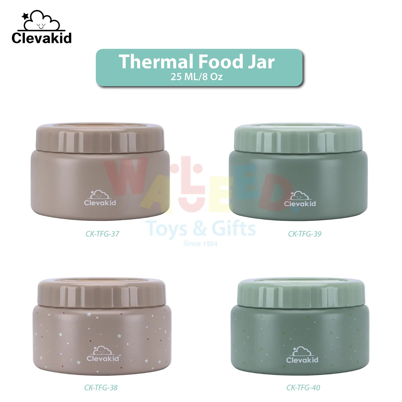 Clevakid Thermal Food Jar Green  Olive 250ML \8 OZ - stars Design