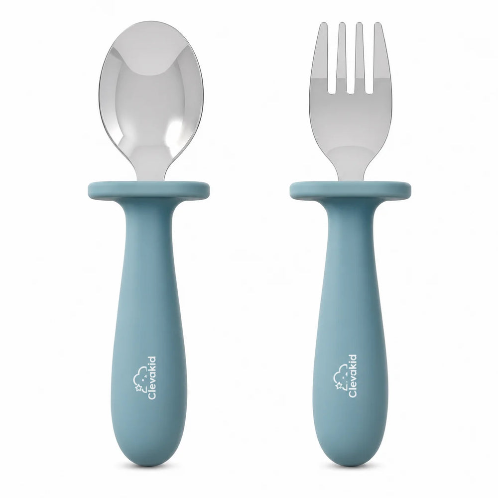 Clevakid Toddler Stainless Steel Spoon & Fork – Blue Light