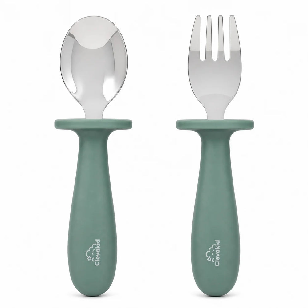 Clevakid Toddler Stainless Steel Spoon & Fork – Green Olive