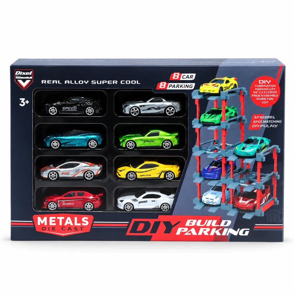 Die-Cast Cars Set with DIY Parking Tower – 8 Cars