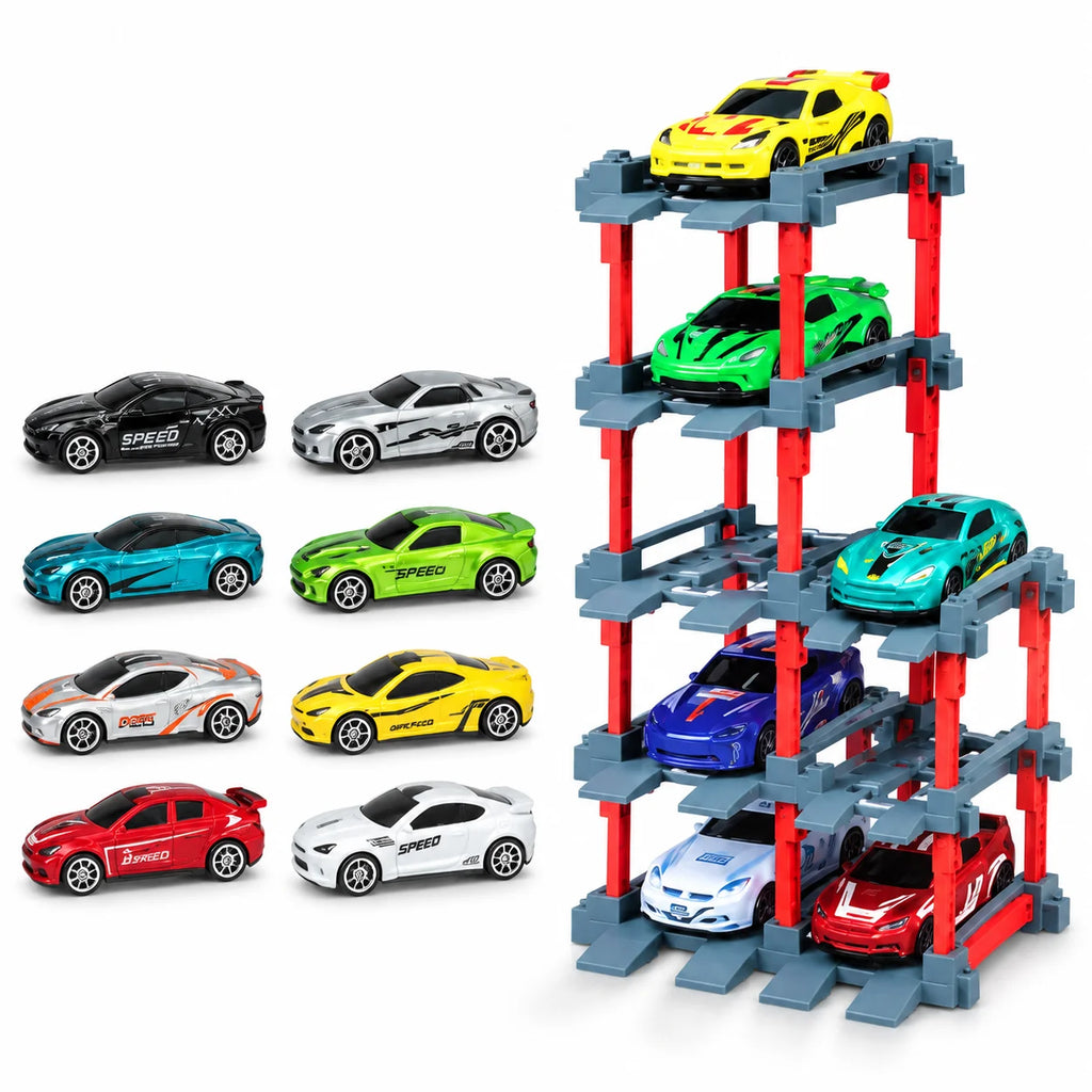 Die-Cast Cars Set with DIY Parking Tower – 8 Cars