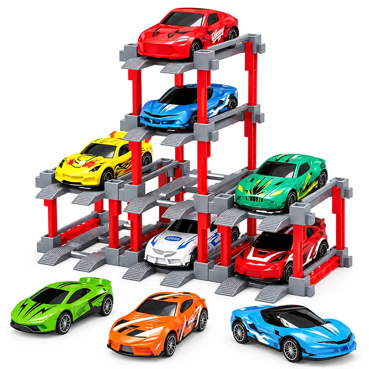 Die-Cast Cars Set with DIY Parking Tower – 8 Cars