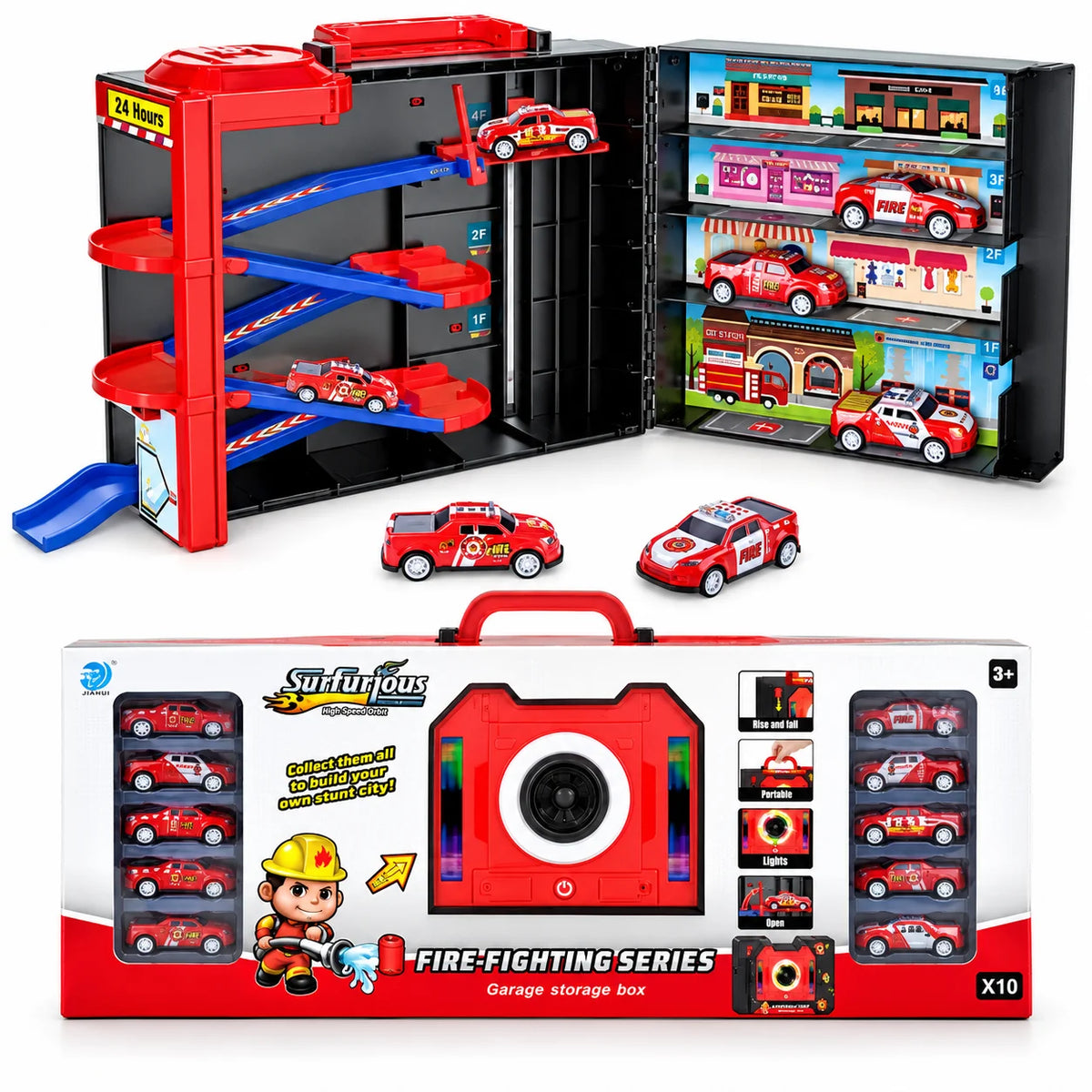 Fire-Fighting Garage Storage Case with 10 Alloy Cars