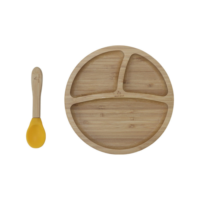 طبق موري موري الدائري مع ملعقة وقاعدة شفط سيليكون - اصفر