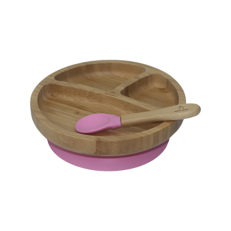 طبق موري موري الدائري مع ملعقة وقاعدة شفط سيليكون - وردي