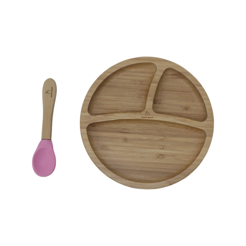 Mori Mori round plate with spoon and silicone suction pink