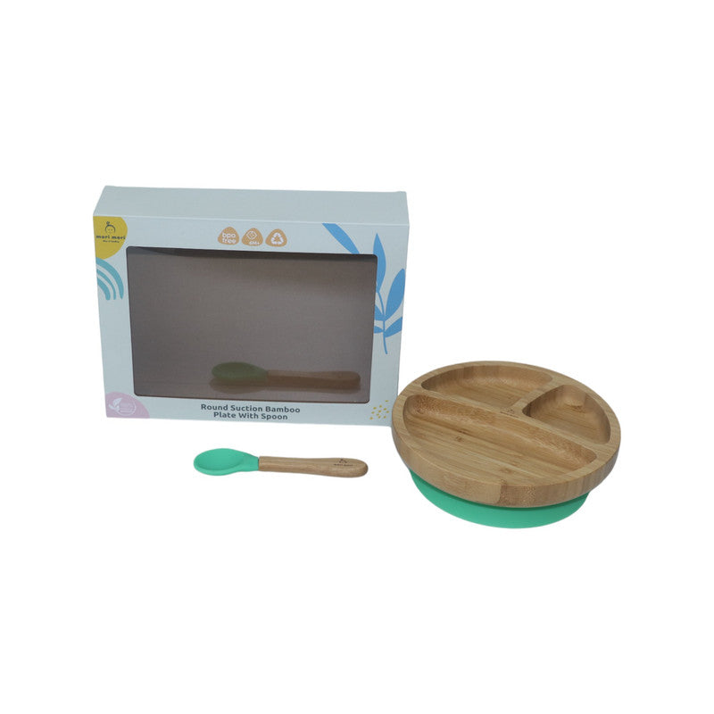 Mori Mori round plate with spoon and silicone suction green