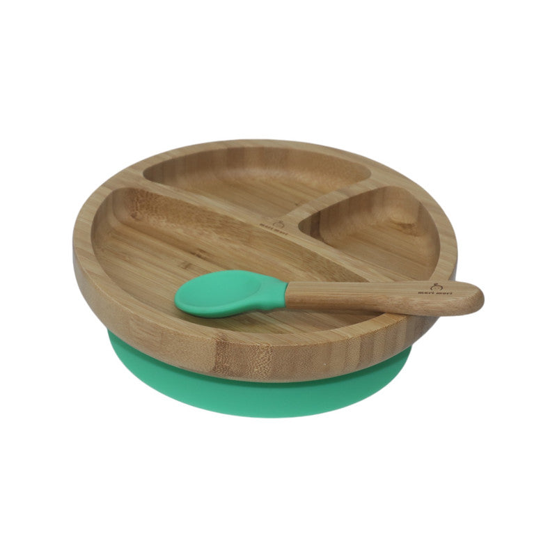 Mori Mori round plate with spoon and silicone suction green
