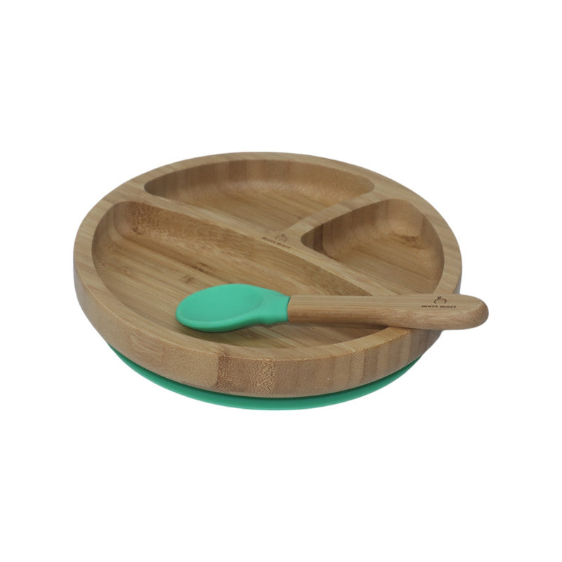 Mori Mori round plate with spoon and silicone suction green