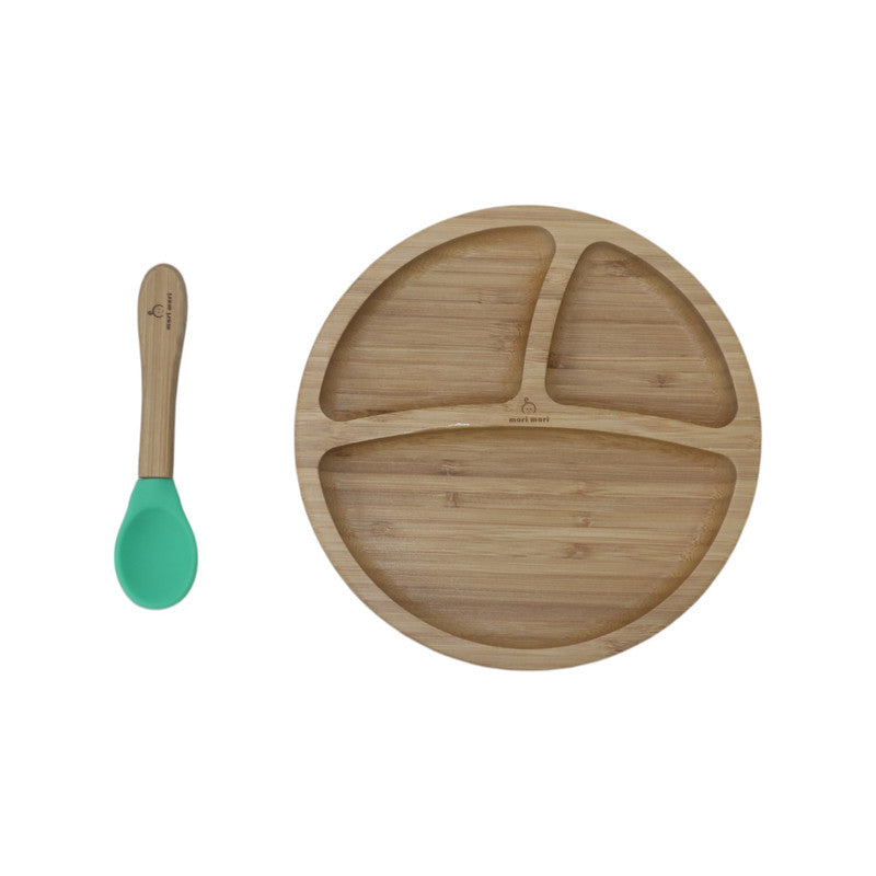 Mori Mori round plate with spoon and silicone suction green