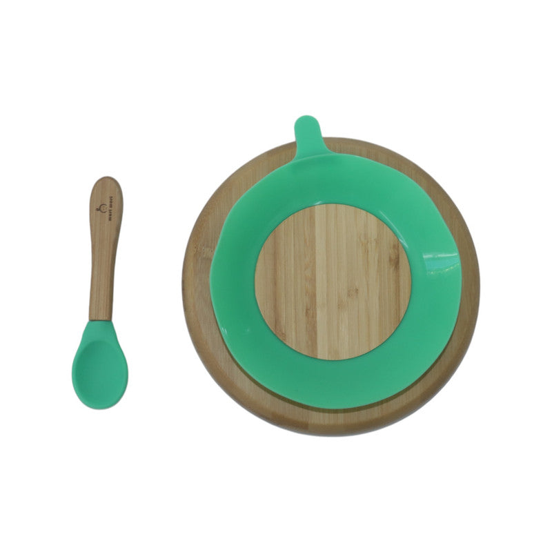 Mori Mori round plate with spoon and silicone suction green