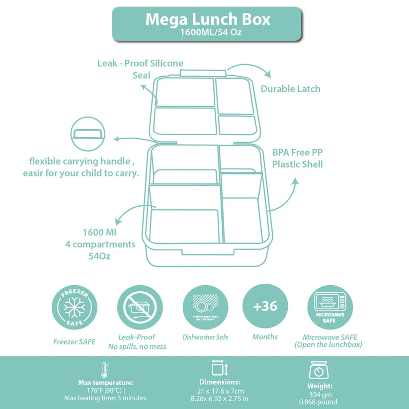 Clevakid Mega Lunch Box Green Leaves 1600ML\54 OZ- ClevaGator Friend