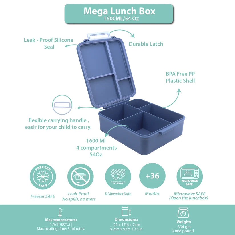 Clevakid Mega Lunch Box Blue Turquoise 1600ML\54 OZ