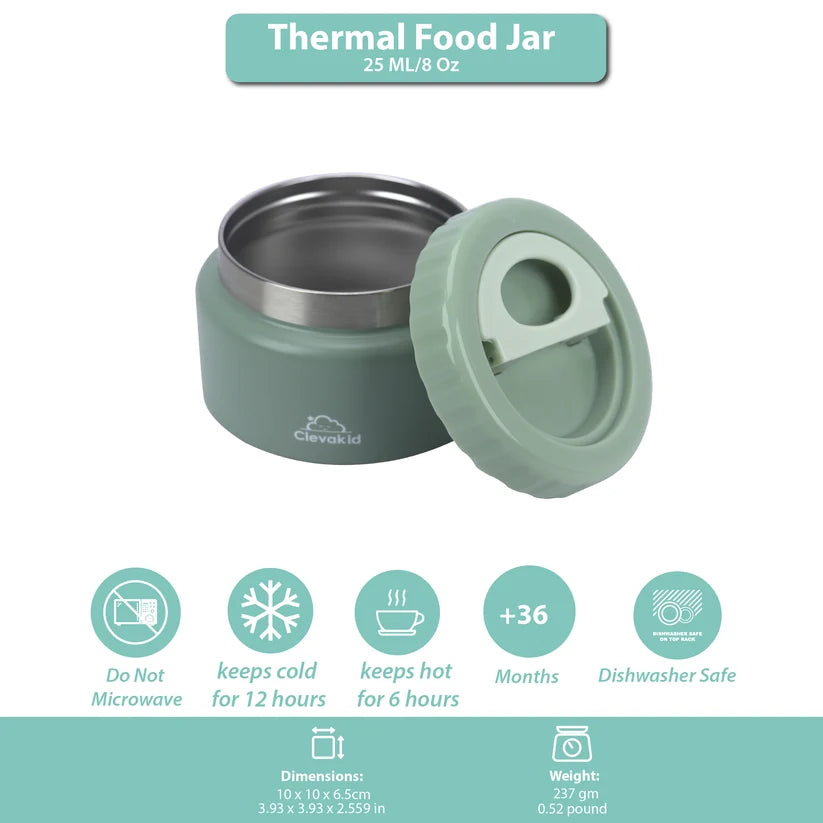 Clevakid Thermal Food Jar Green  Olive 250ML \8 OZ