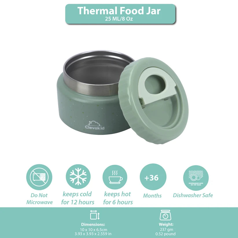 Clevakid Thermal Food Jar Green  Olive 250ML \8 OZ - stars Design