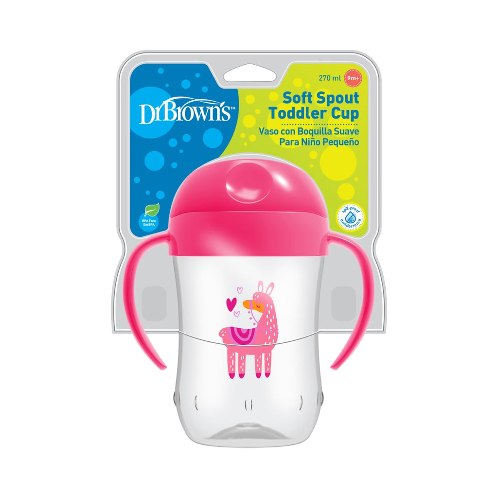 Dr.Brown's 9 oz/270 ml Soft-Spout Toddler Cup w/ Handles - Pink Llama Deco (9m+), 1-Pack