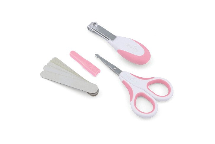 NUVITA Essential Baby Care Kit -  Nasal Aspirator, Small scissors with rounded tips, nail clippers, nail files, brush (with pure wool bristles) and comb - Pink