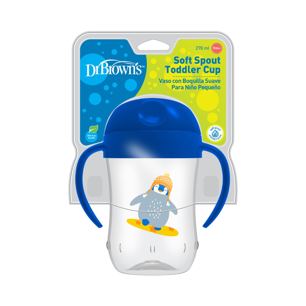 Dr.Brown's 9 oz/270 ml Soft-Spout Toddler Cup w/ Handles - Blue Penguin Deco (9m+), 1-Pack