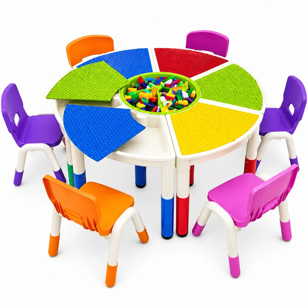 Kids 3-in-1 Activity Table (Sand – Lego – Writing) with 6 Colorful Chairs
