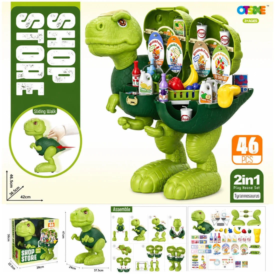 Kids Dinosaur Shop Playset 2in1 46 Pieces Supermarket Activity Role Play