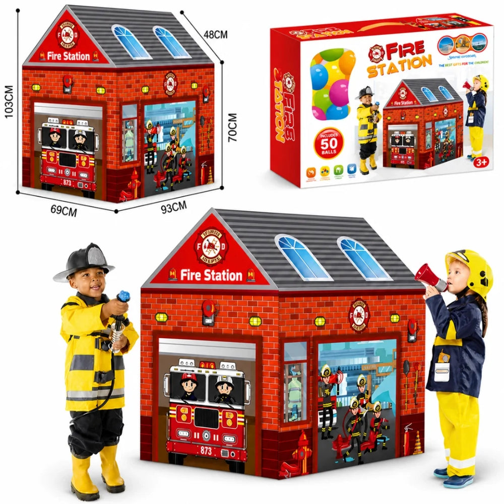 Kids Fire Station Tent with 50 Balls Pop Up Indoor Outdoor Playhouse