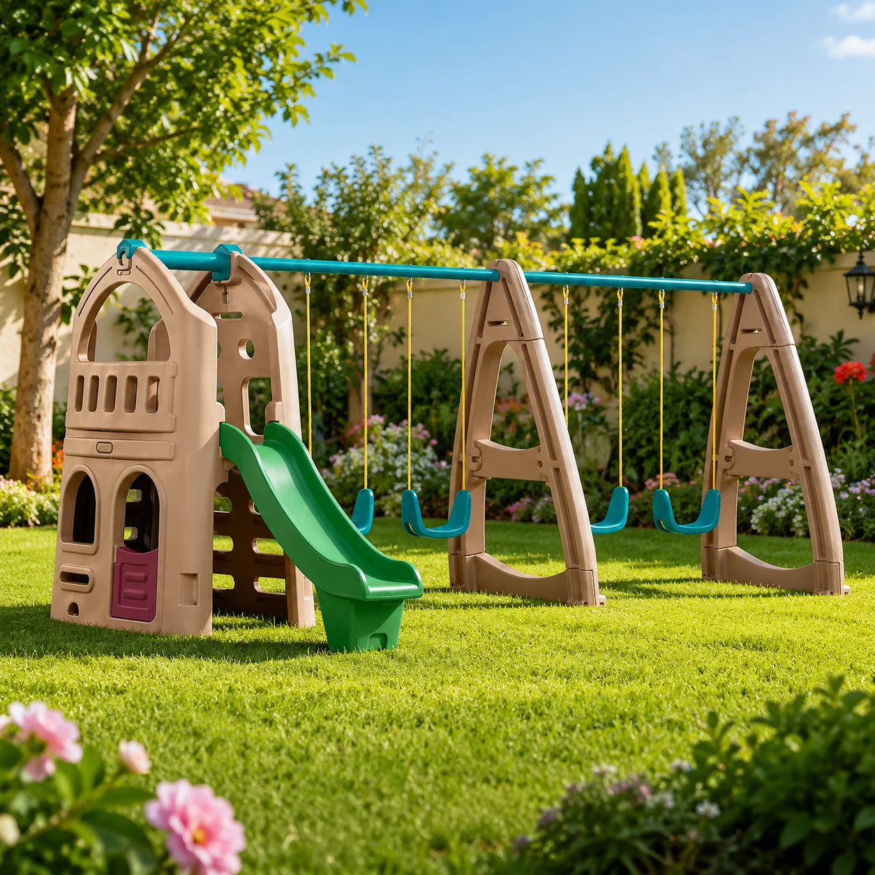 Kids Outdoor Playset Slide 4 Swings 1 Piece Playground Toy
