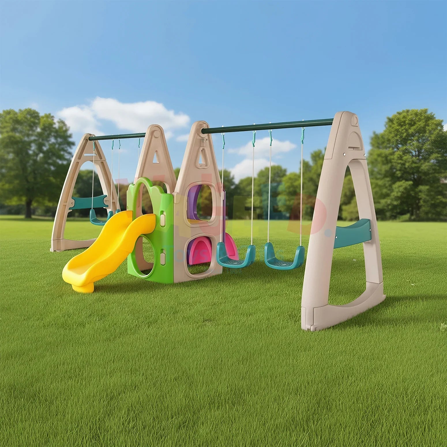 Kids Outdoor Playset Slide 3 Swings Backyard Garden Playground