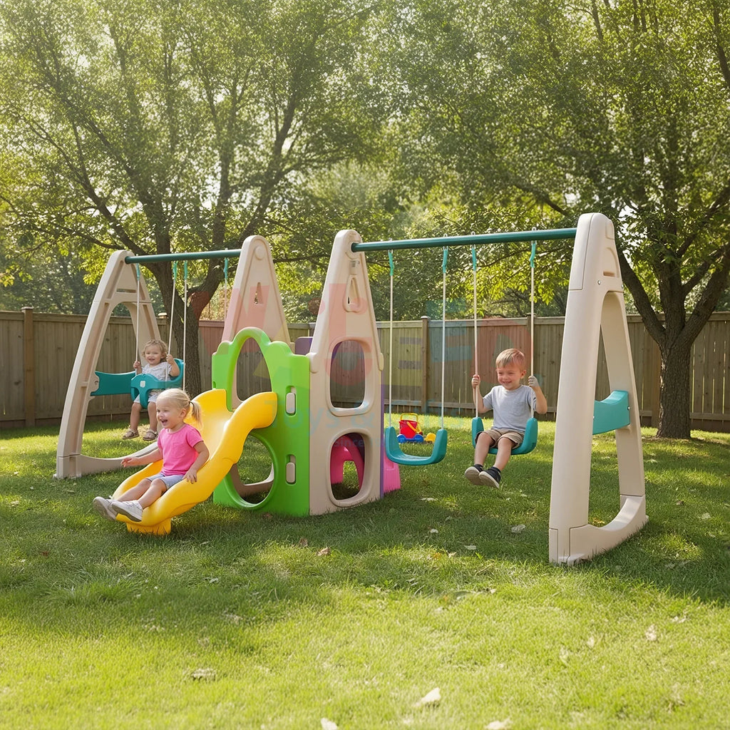 Kids Outdoor Playset Slide 3 Swings Backyard Garden Playground