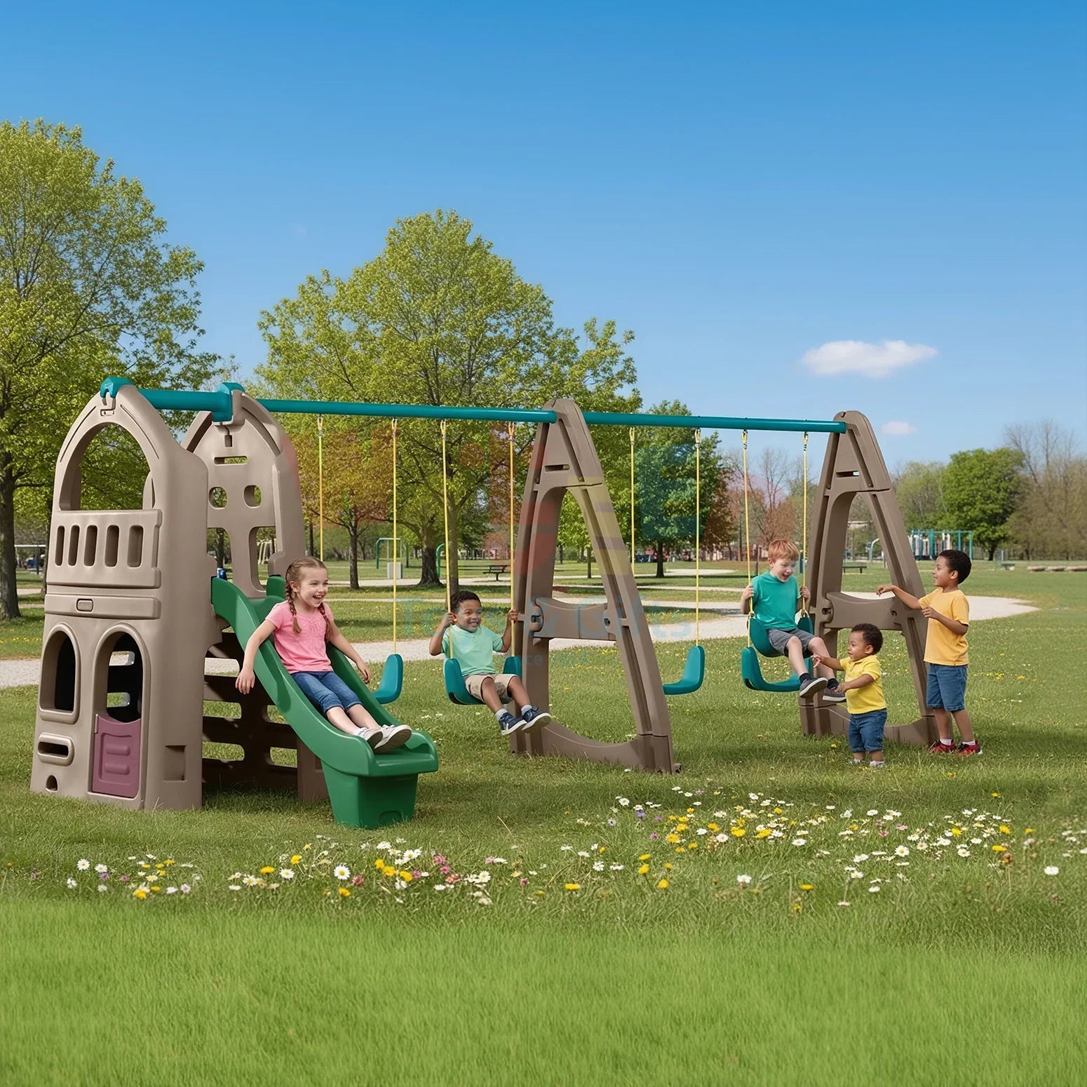 Kids Outdoor Playset Slide 4 Swings 1 Piece Playground Toy