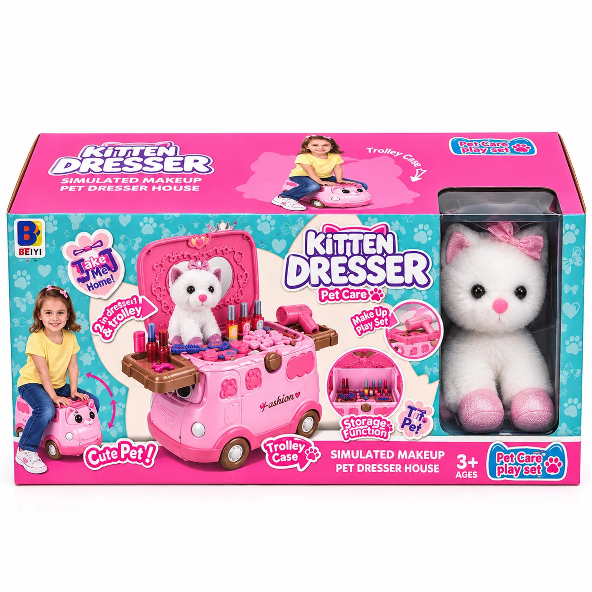Kitty Dresser 3-in-1 Ride-On Makeup Bus with Plush Cat