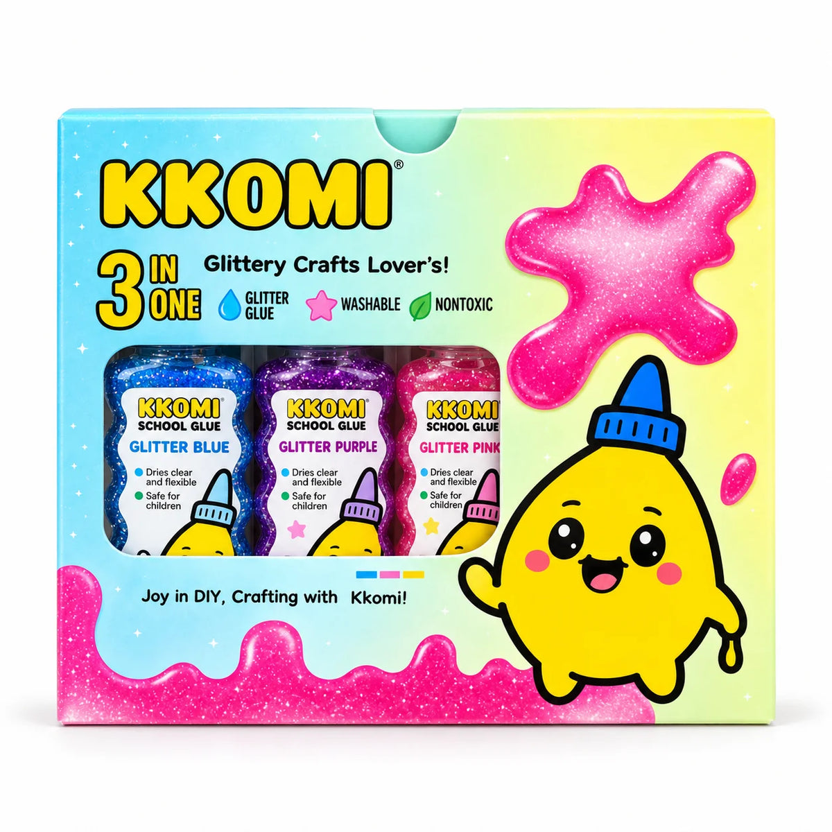 KKOMI Slime Set – 3 Glitter Colors + 3 Magic Liquids