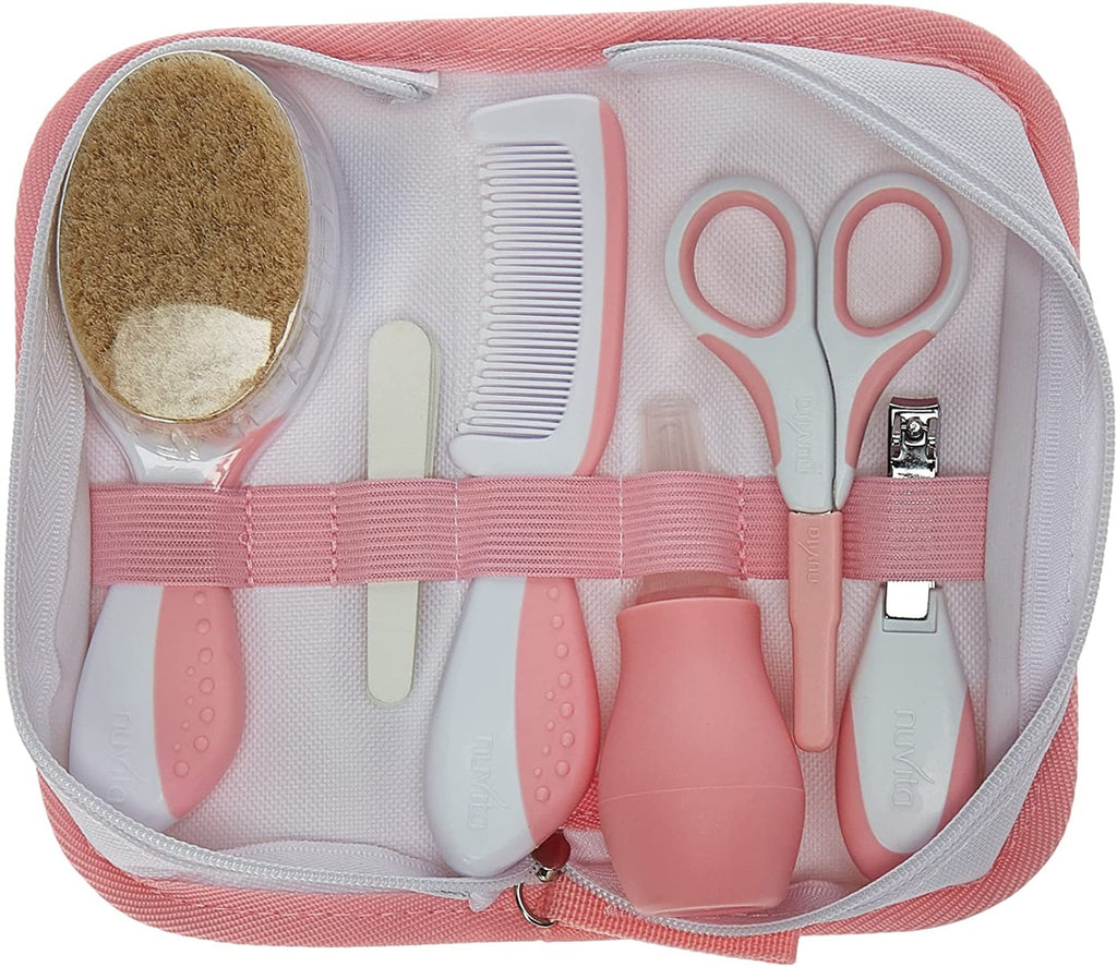 NUVITA Essential Baby Care Kit -  Nasal Aspirator, Small scissors with rounded tips, nail clippers, nail files, brush (with pure wool bristles) and comb - Pink