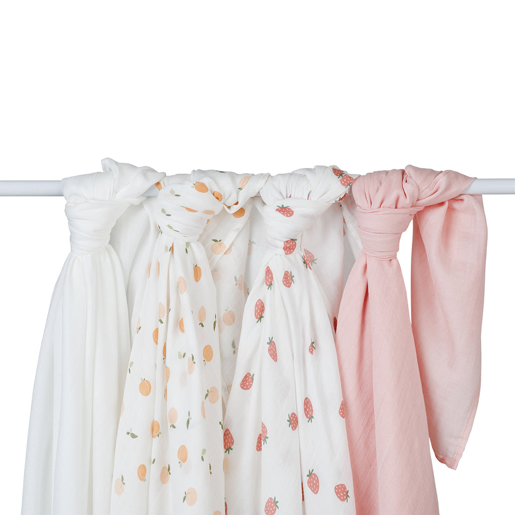 Lulujo 4-Pack Bamboo Muslin Swaddle Blankets - Berries & Peaches