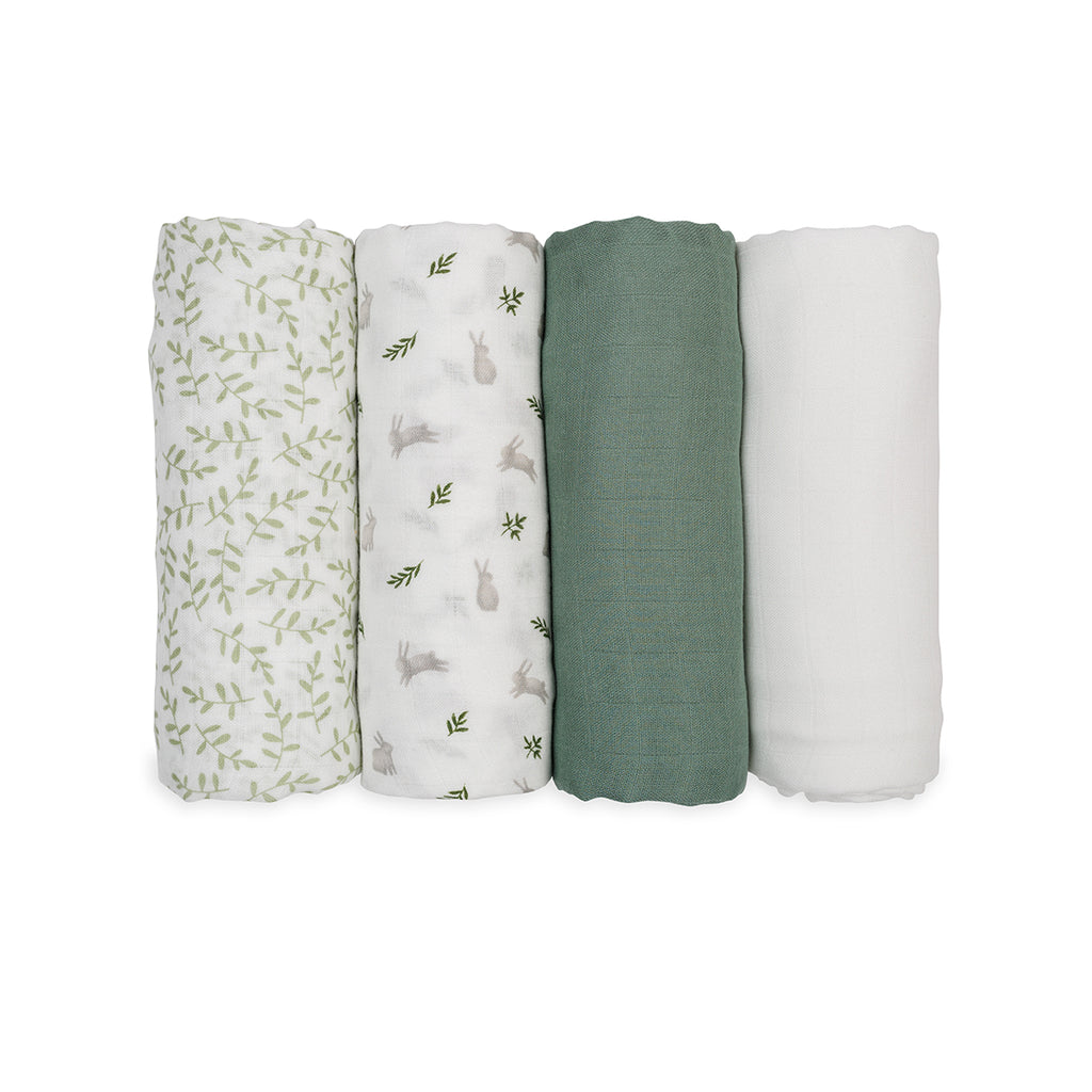 Lulujo 4-Pack Bamboo Muslin Swaddle Blankets - Bunnies & Fern