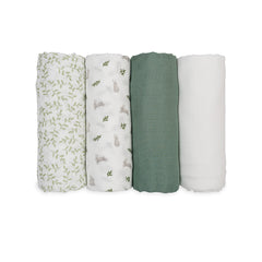 Lulujo 4-Pack Bamboo Muslin Swaddle Blankets - Bunnies & Fern