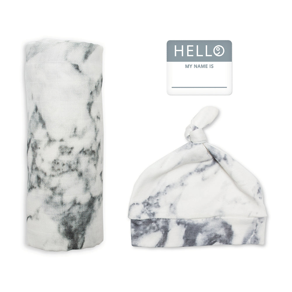 Lulujo Hello World Set (Bamboo Hat Swaddle blanket) Marble
