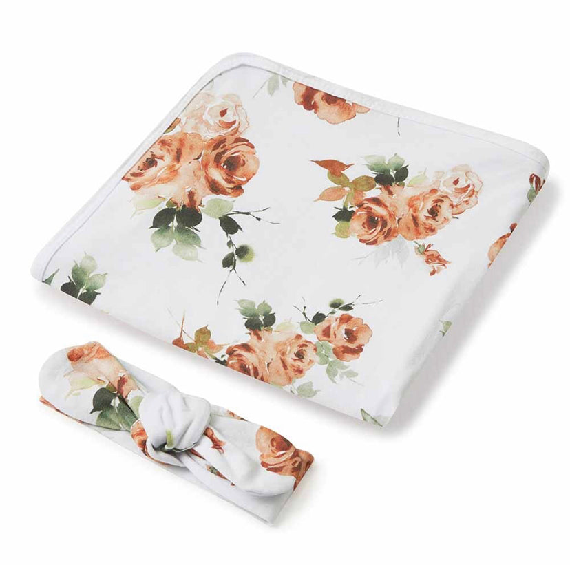 Rosebud Baby Jersey Wrap and Topknot Set
