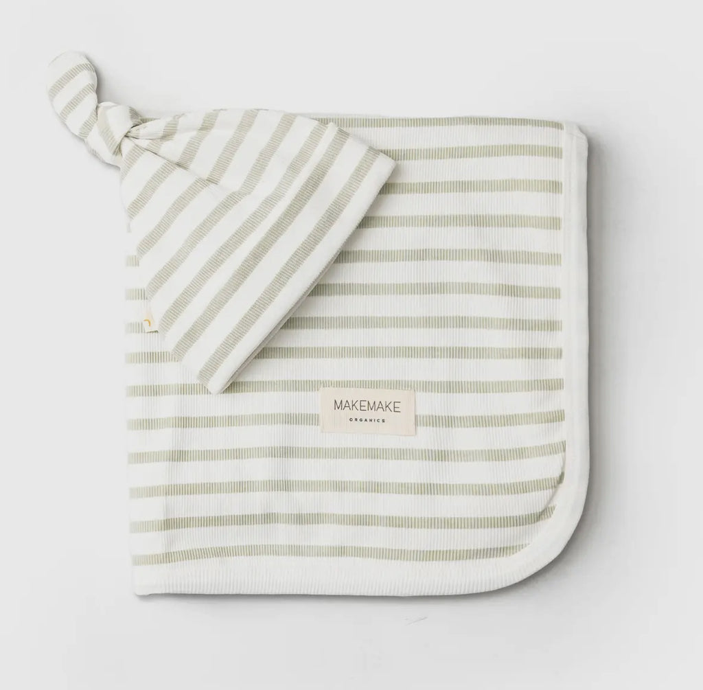 Sage Stripes Organic Swaddle Blanket & Hat Set