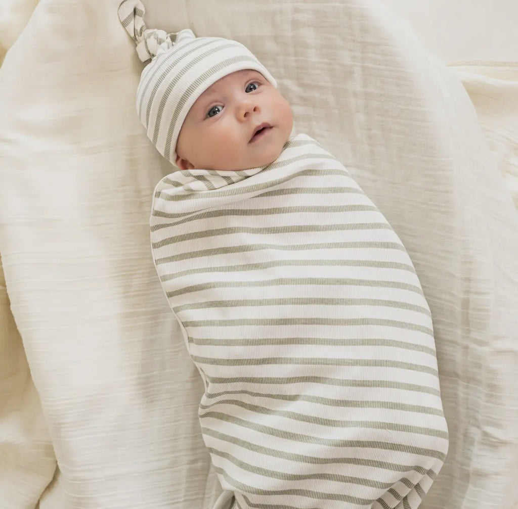 Sage Stripes Organic Swaddle Blanket & Hat Set