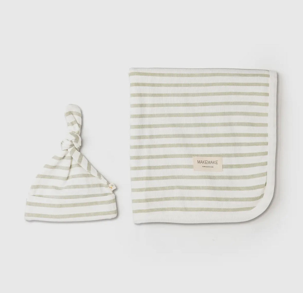Sage Stripes Organic Swaddle Blanket & Hat Set
