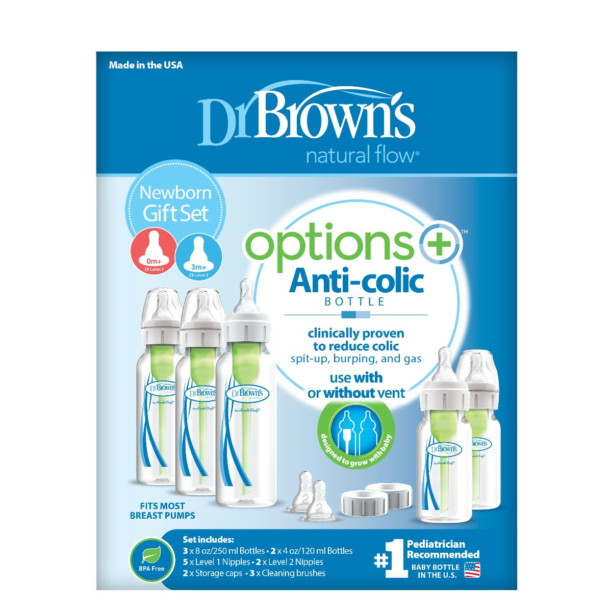 Dr.Brown's PP Narrow Options+ Newborn Feeding Set (3x250 ml & 2x120 ml bottles, 2x L2 nipples, 2x storage caps, 3x Cleaning Brushes)