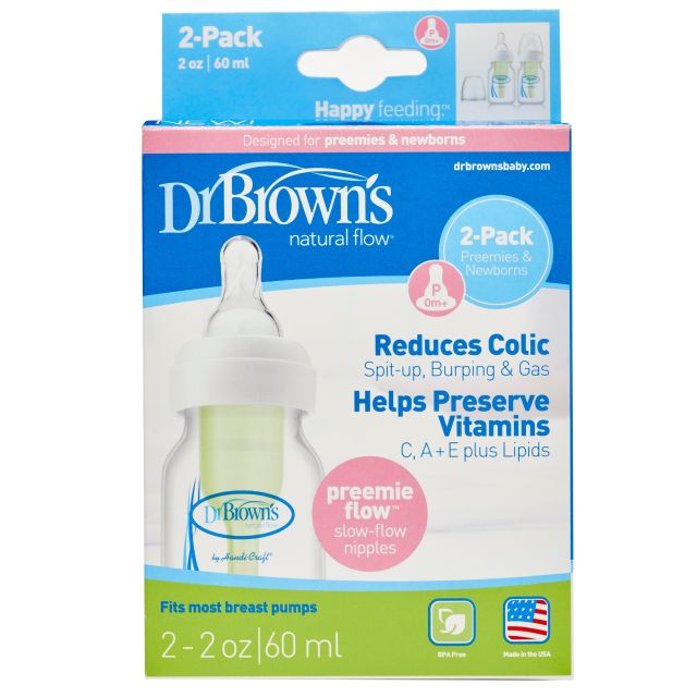 dr browns 2oz Natural Flow Baby Bottle, 2-Pack with Preemie Nipples