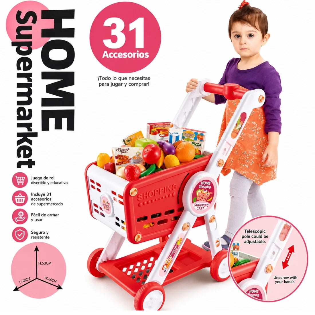 Shopping Cart Play Set With 31 Food Accessories – Red