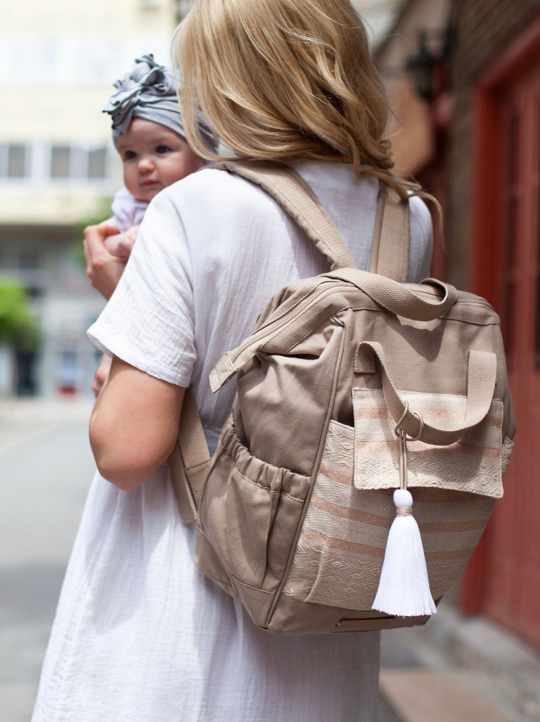 Silk Weaving Travel Diaper Backpack in Beige